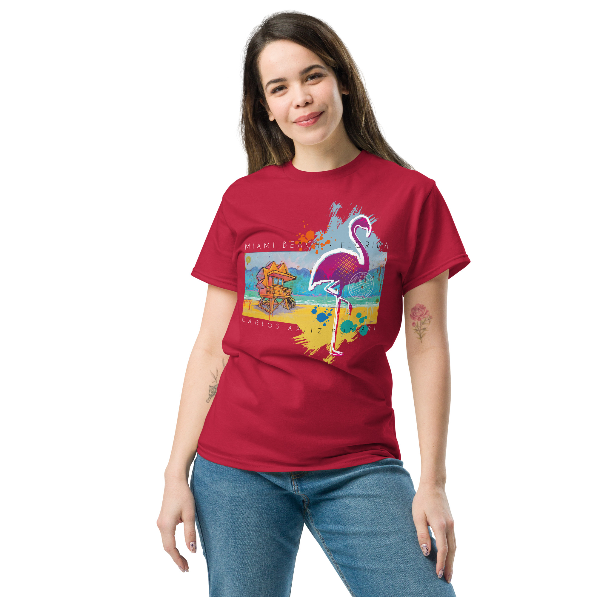 Miami with flamingo-unisex-classic-tee-cardinal-front-66a114b883af0