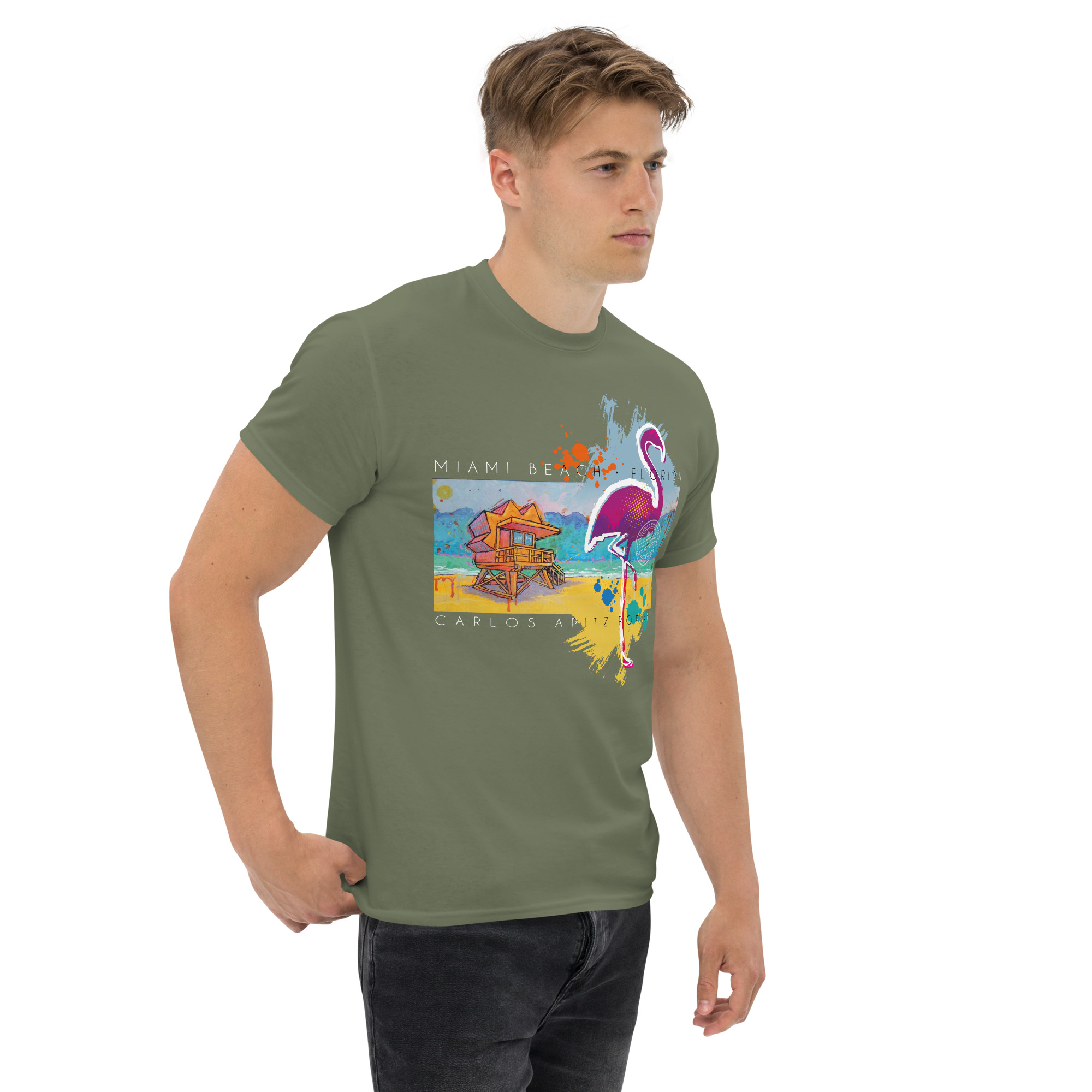 Miami with flamingo-unisex-classic-tee-military-green-right-front-66a114b88cb8b