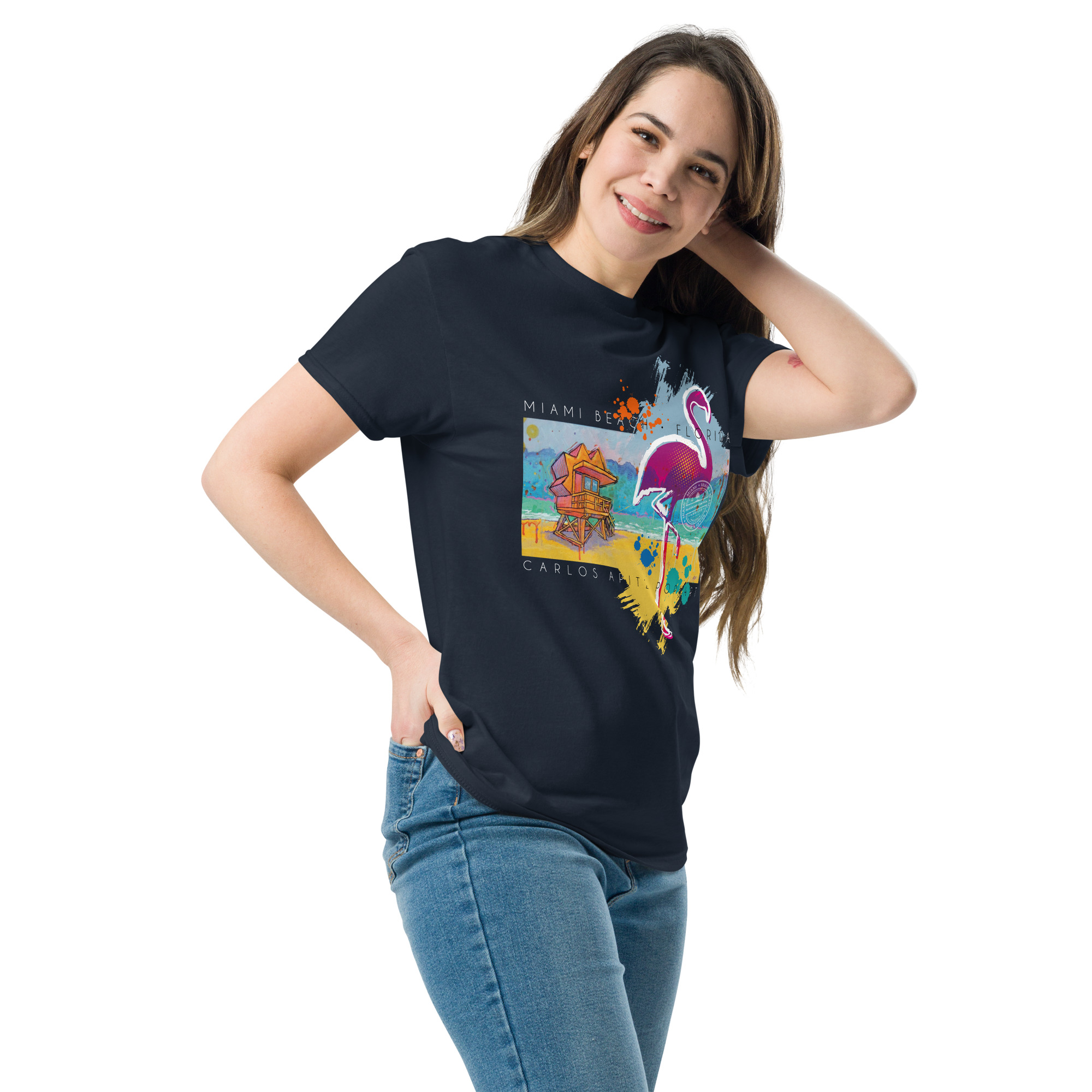 Miami with flamingo unisex-classic-tee-navy-left-front-66a114b8722c0