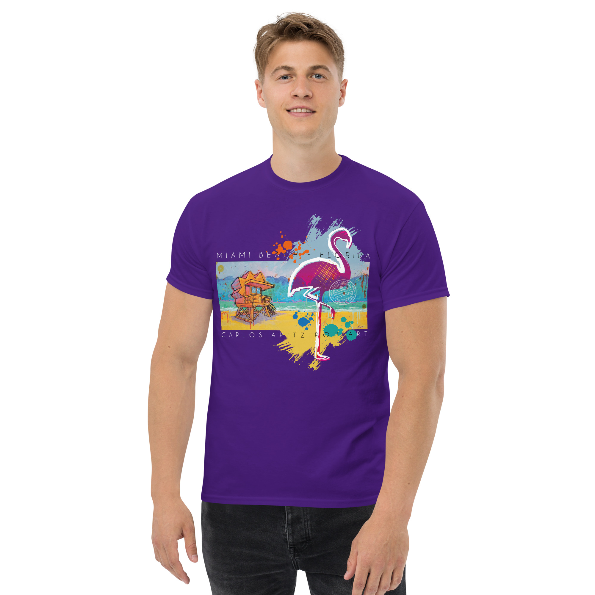 Miami with flamingo-unisex-classic-tee-purple-front-66a114b878c00