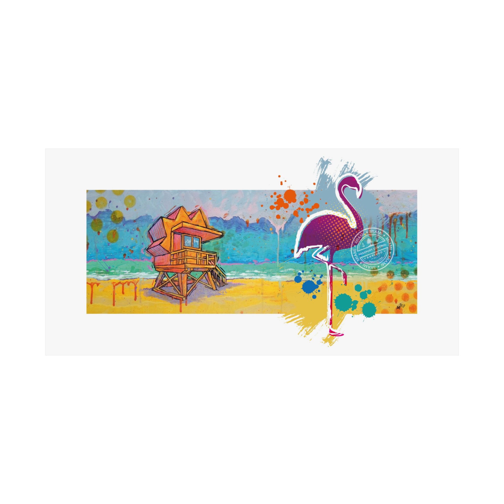 Miami beach with flamingo by Carlos Apitz print