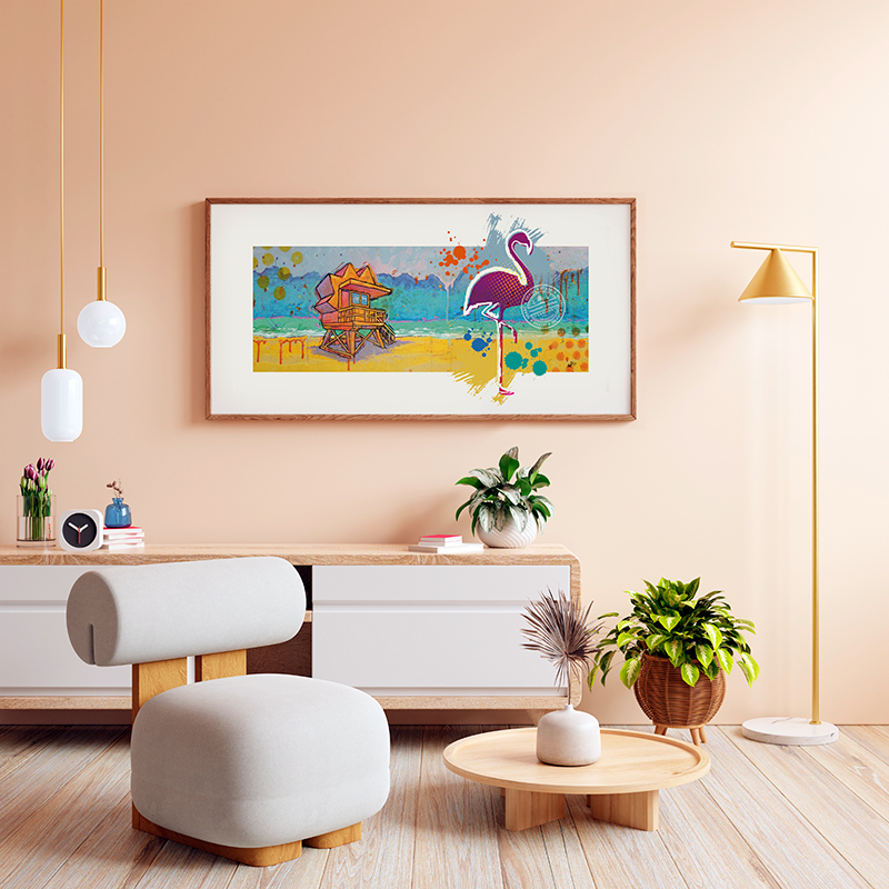 Miami beach with flamingo by Carlos Apitz print 40x20in-sample