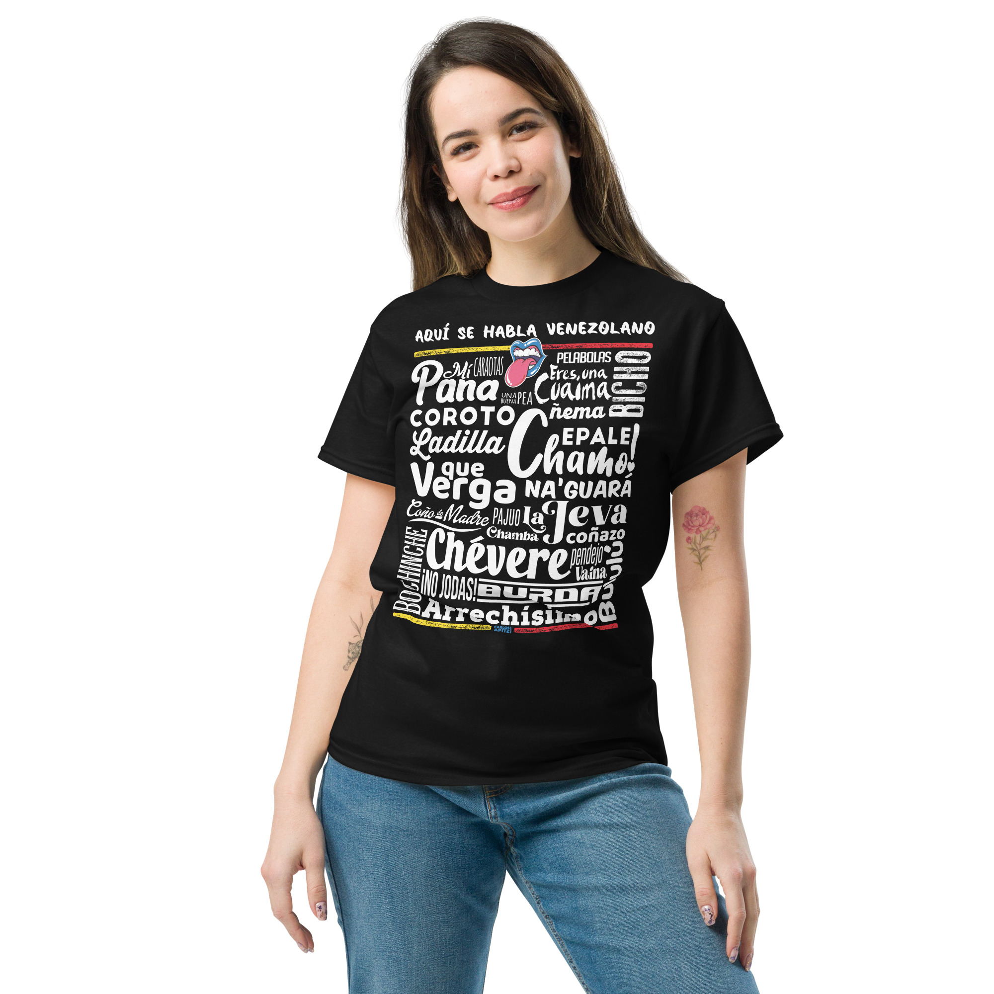 Aquí hablamos venezolano-unisex-classic-tee-black-front-Carlos Apitz