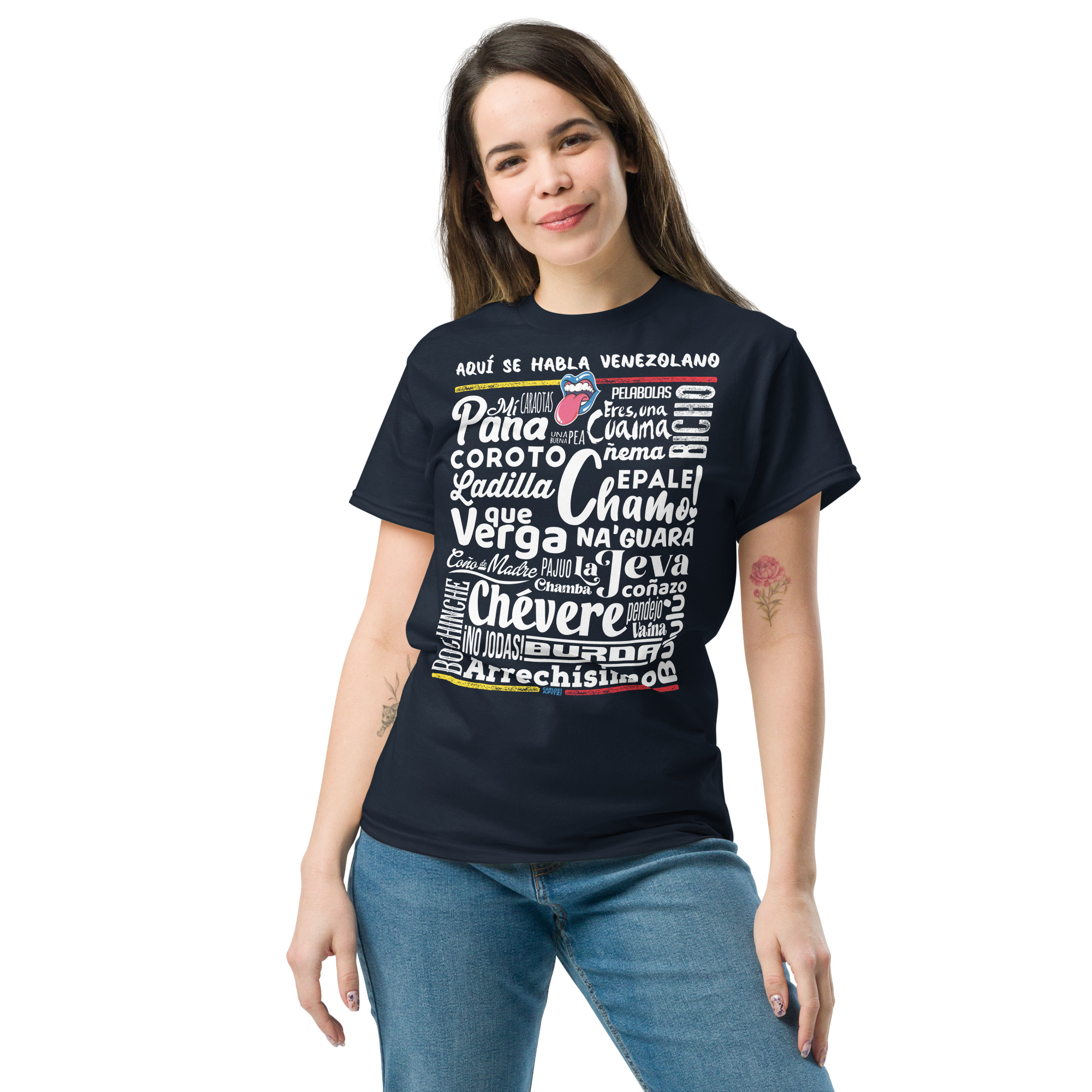Aquí hablamos venezolano-unisex-classic-tee-navy-Carlos Apitz